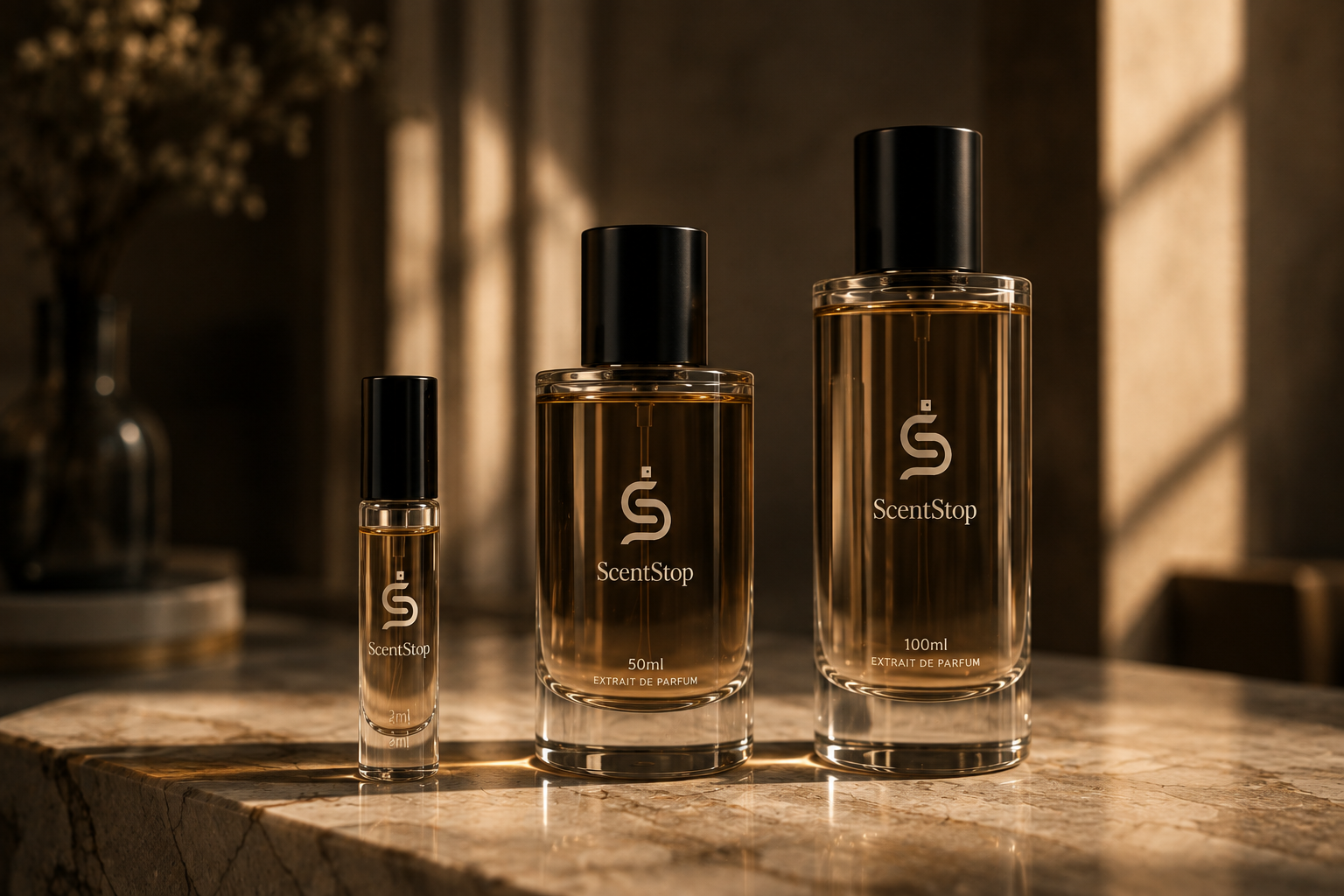 A ScentStop bottle resting on a dark stone surface