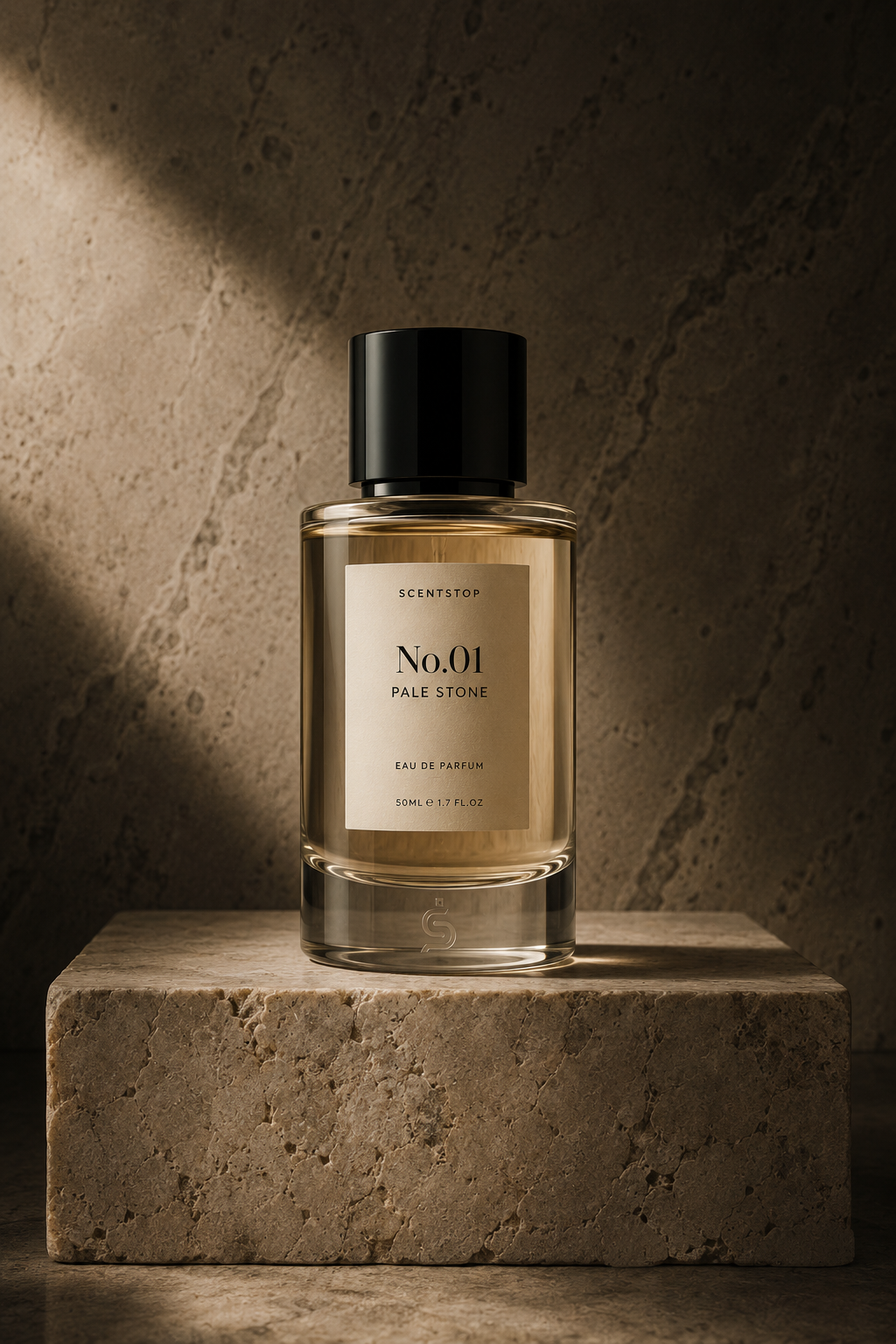 The ScentStop signature bottle representing Rouge Noir on a travertine plinth in warm directional light